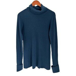 Magaschoni 100% Cashmere Ribbed Turtleneck Sweater Blue Green Long Sleeve